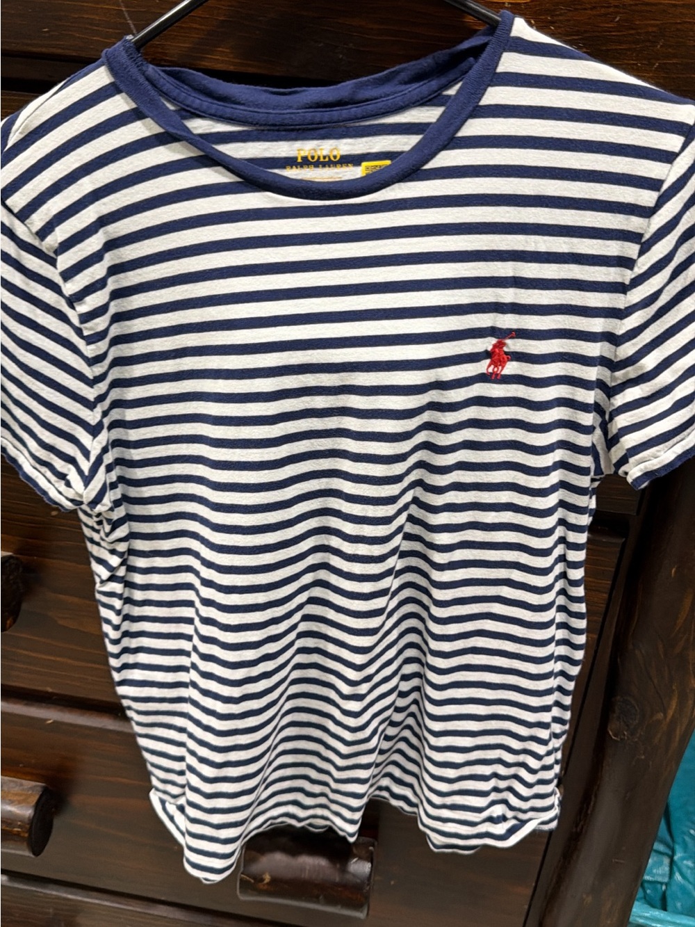 Polo by Ralph Lauren Navy & White Striped Tee with Red Pony